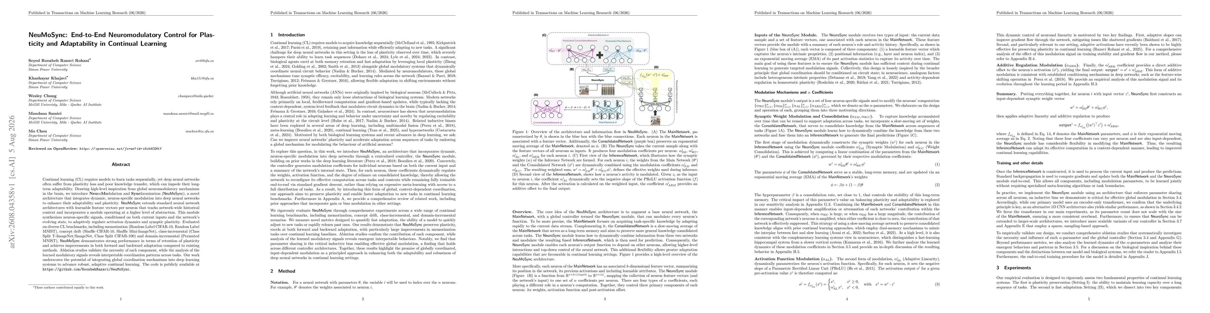 Thumbnail for NeuMoSync: End-to-End Neuromodulatory Control for Plasticity and Adaptability in Continual Learning
