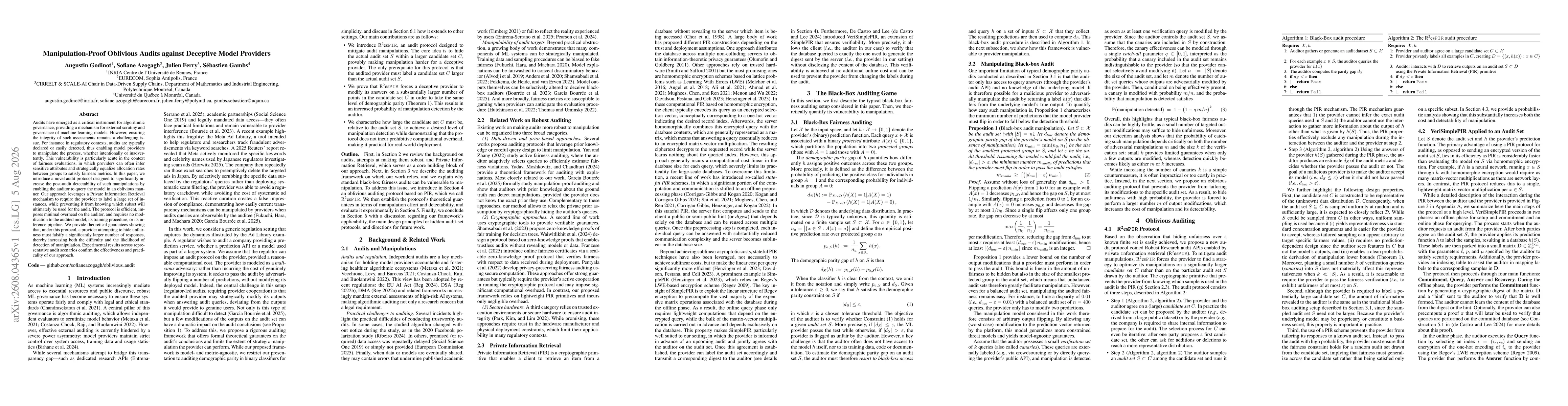 Thumbnail for Manipulation-Proof Oblivious Audits against Deceptive Model Providers