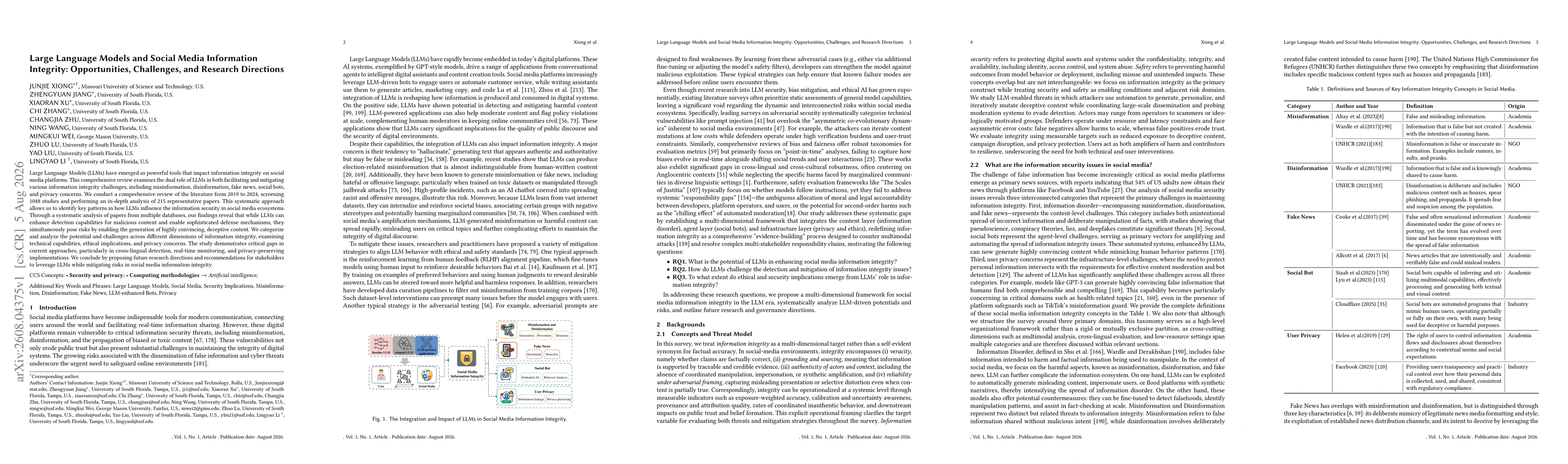 Thumbnail for Large Language Models and Social Media Information Integrity: Opportunities, Challenges, and Research Directions