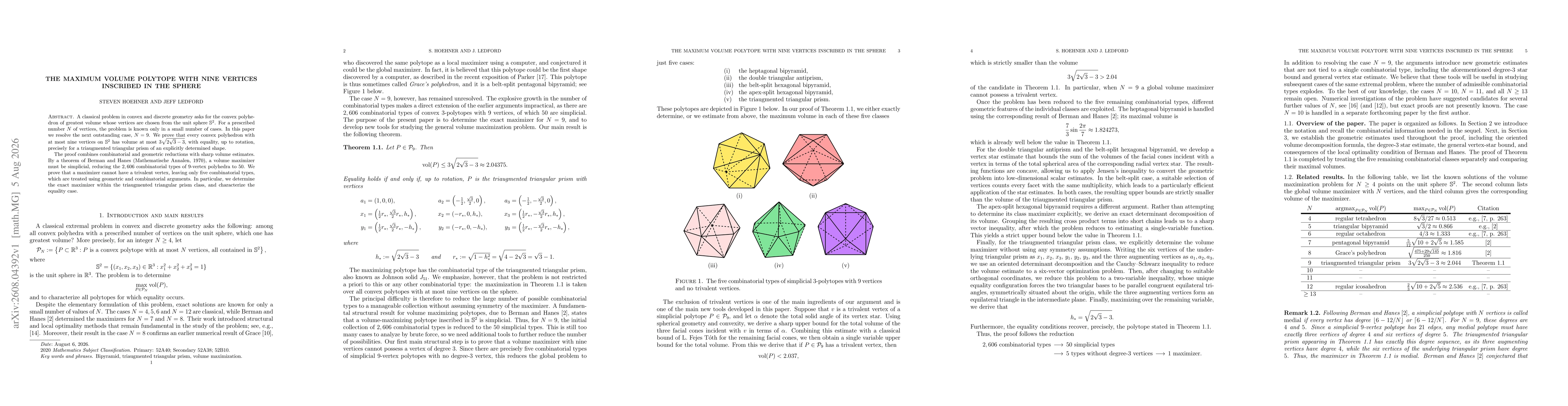 Thumbnail for The maximum volume polytope with nine vertices inscribed in the sphere