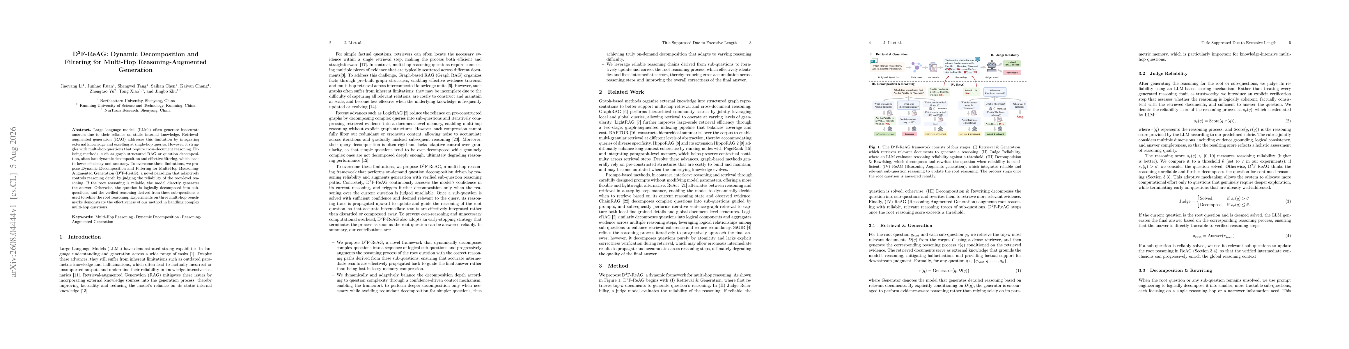 Thumbnail for D$^2$F-ReAG: Dynamic Decomposition and Filtering for Multi-Hop Reasoning-Augmented Generation