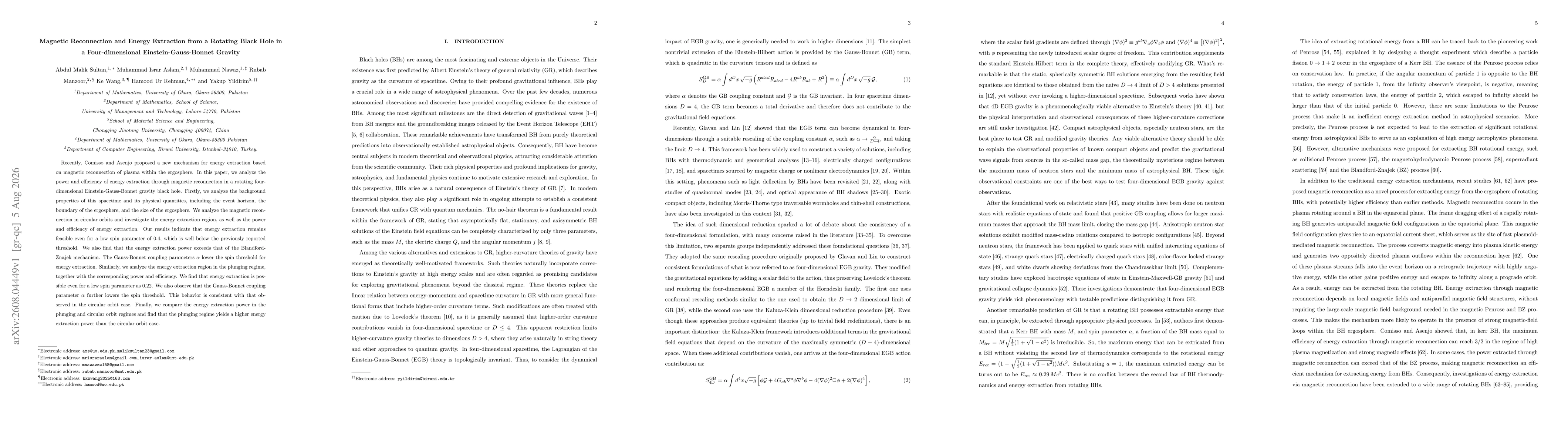 Thumbnail for Magnetic Reconnection and Energy Extraction from a Rotating Black Hole in a Four-dimensional Einstein-Gauss-Bonnet Gravity