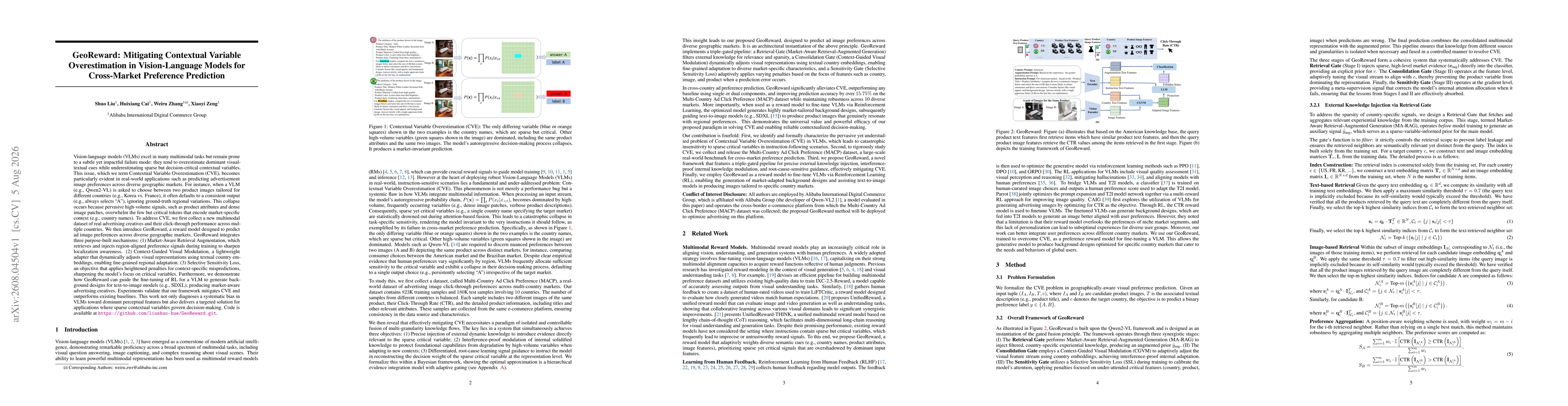 Thumbnail for GeoReward: Mitigating Contextual Variable Overestimation in Vision-Language Models for Cross-Market Preference Prediction
