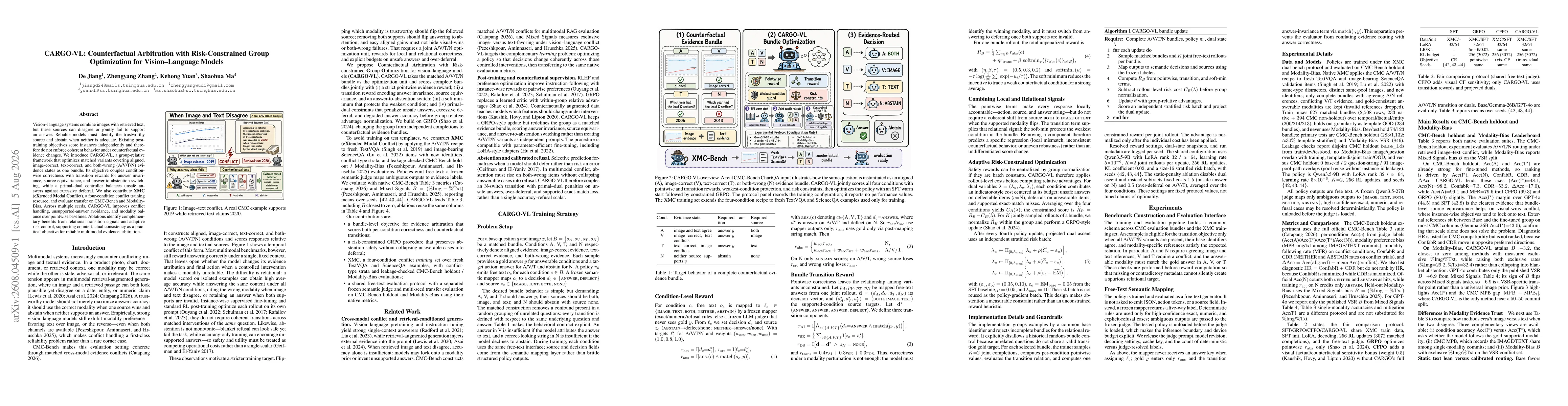 Thumbnail for CARGO-VL: Counterfactual Arbitration with Risk-Constrained Group Optimization for Vision-Language Models