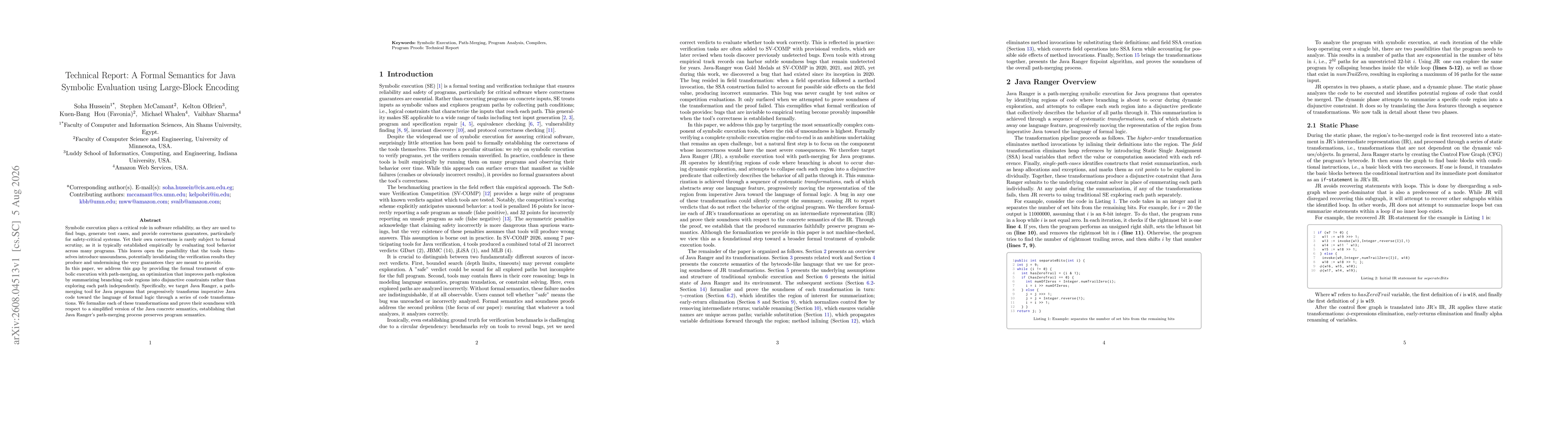 Thumbnail for Technical Report: A Formal Semantics for Java Symbolic Evaluation using Large-Block Encoding