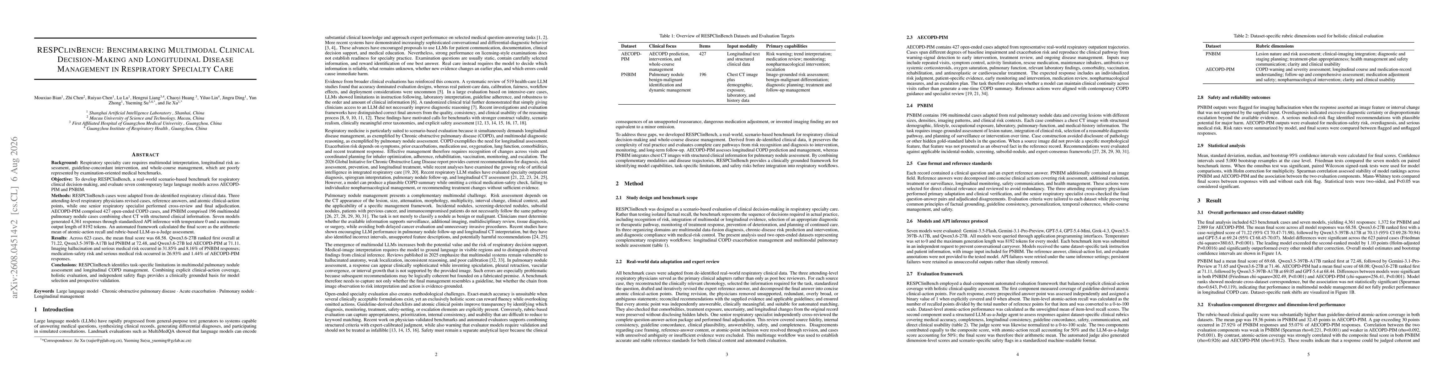 Thumbnail for RESPClinBench: Benchmarking Multimodal Clinical Decision-Making and Longitudinal Disease Management in Respiratory Specialty Care
