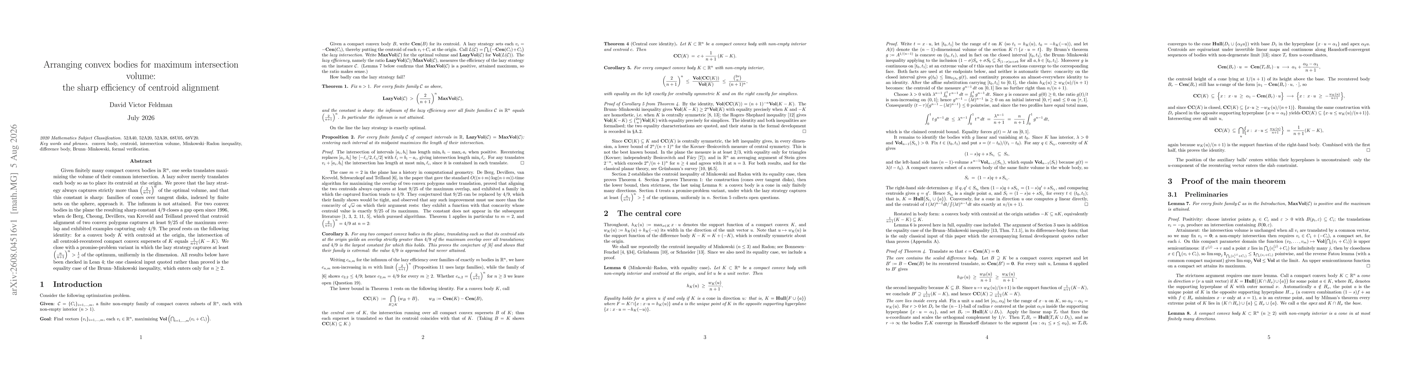 Thumbnail for Arranging convex bodies for maximum intersection volume: the sharp efficiency of centroid alignment