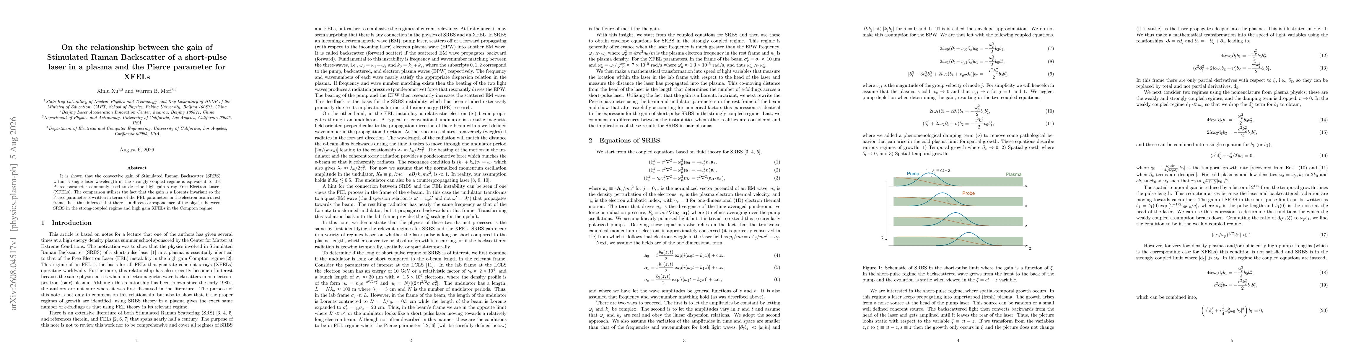 Thumbnail for On the relationship between the gain of Stimulated Raman Backscatter of a short-pulse laser in a plasma and the Pierce parameter for XFELs