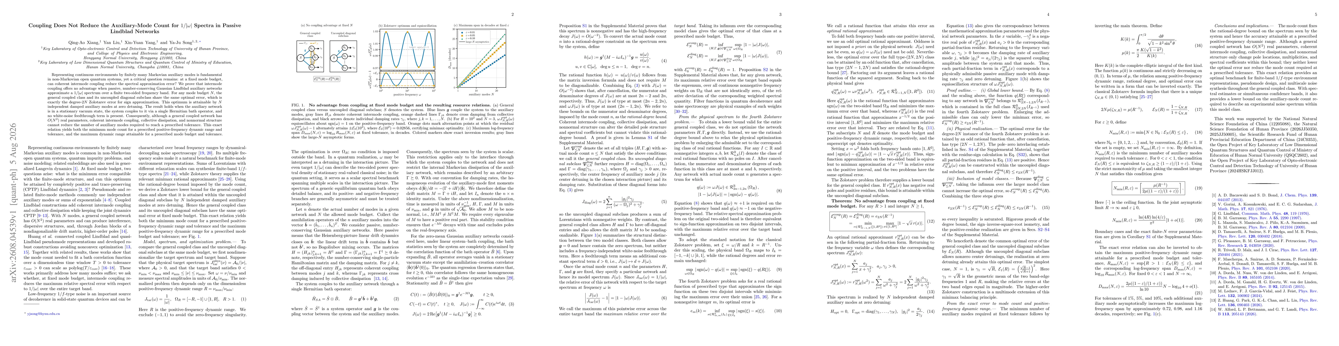 Thumbnail for Coupling Does Not Reduce the Auxiliary-Mode Count for $1/|ω|$ Spectra in Passive Lindblad Networks