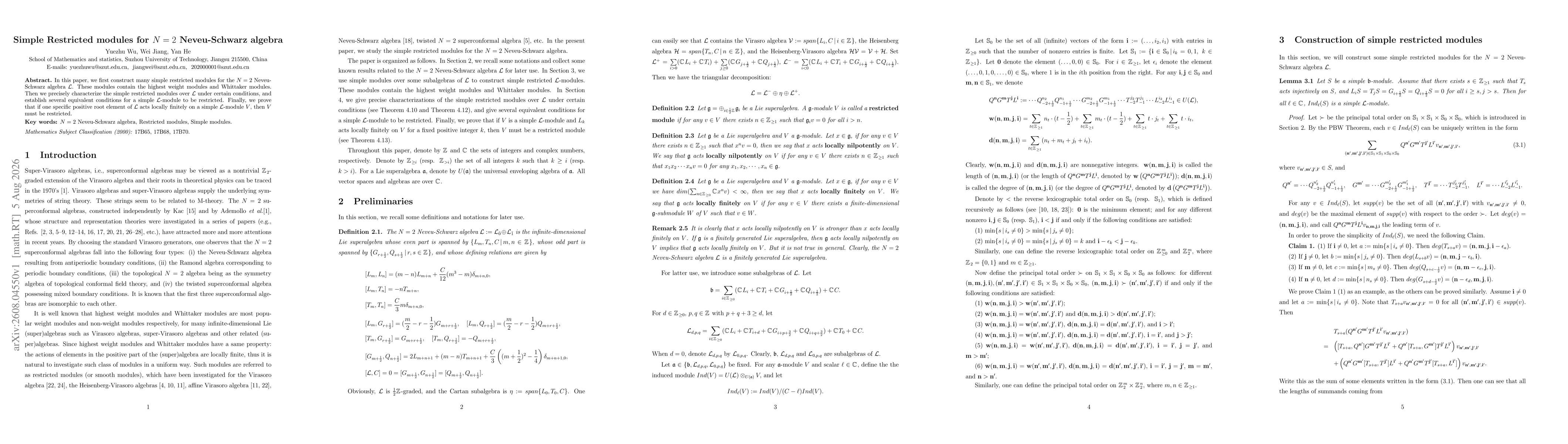 Thumbnail for Simple Restricted modules for $N=2$ Neveu-Schwarz algebra