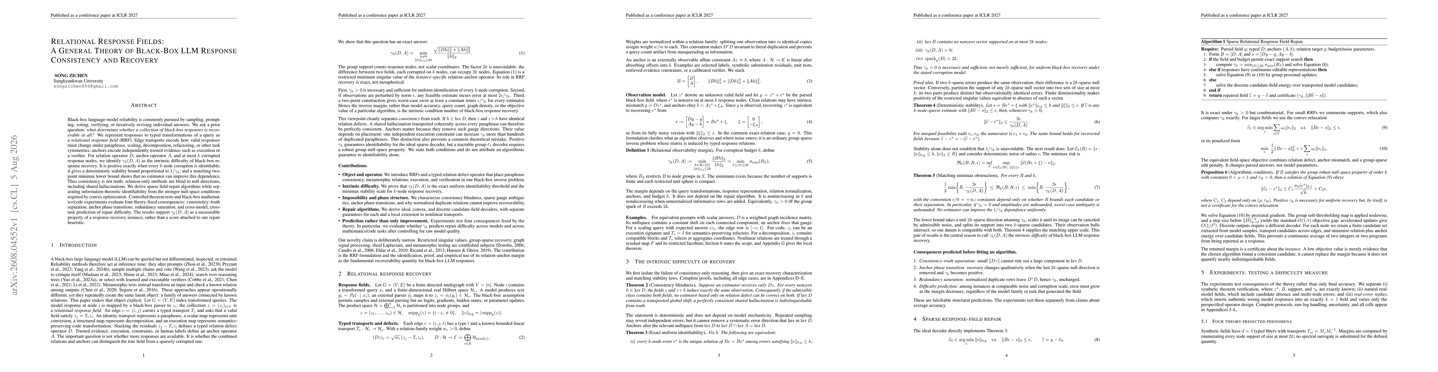 Thumbnail for Relational Response Fields: A General Theory of Black-Box LLM Response Consistency and Recovery