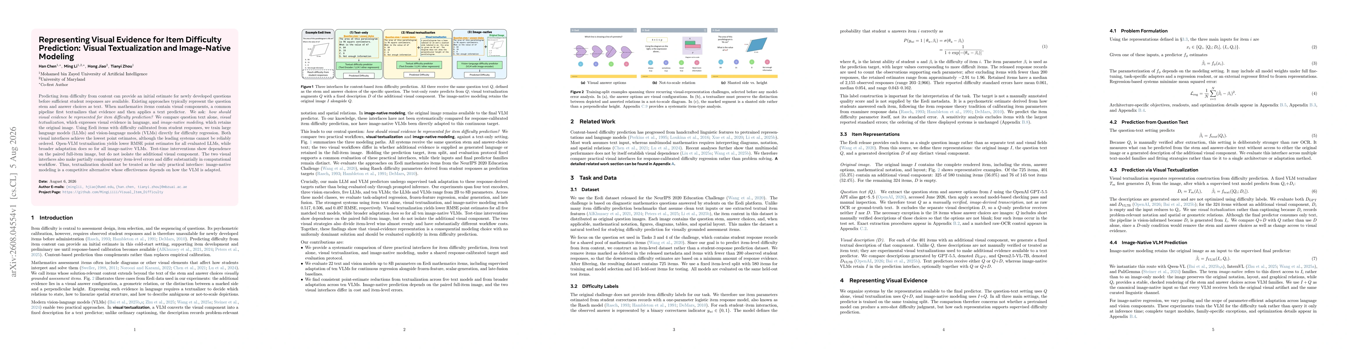 Thumbnail for Representing Visual Evidence for Item Difficulty Prediction: Visual Textualization and Image-Native Modeling