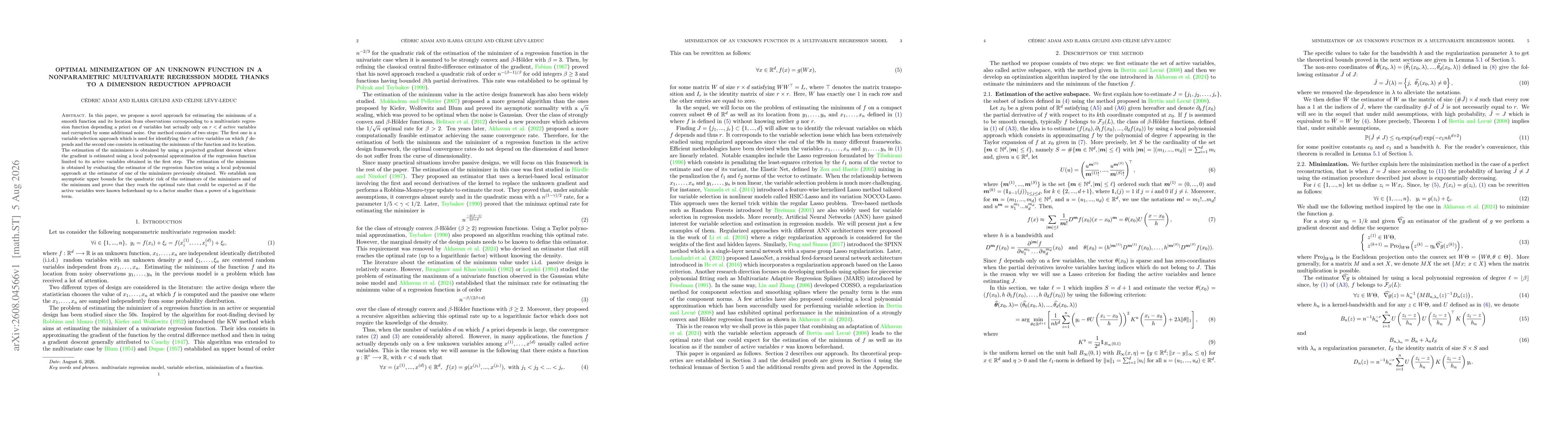 Thumbnail for Optimal minimization of an unknown function in a nonparametric multivariate regression model thanks to a dimension reduction approach