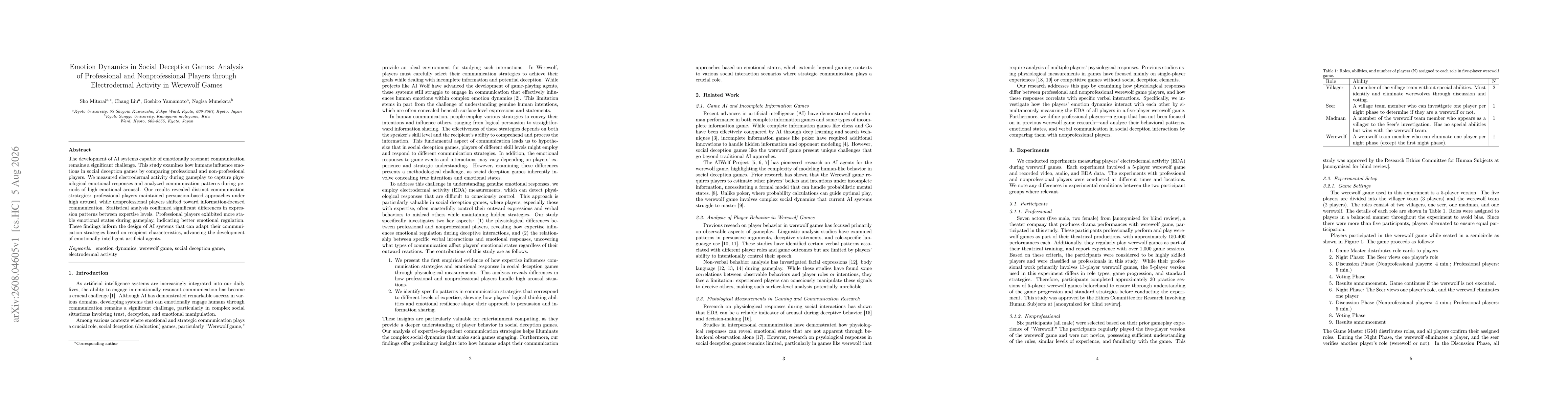 Thumbnail for Emotion Dynamics in Social Deception Games: Analysis of Professional and Nonprofessional Players through Electrodermal Activity in Werewolf Games
