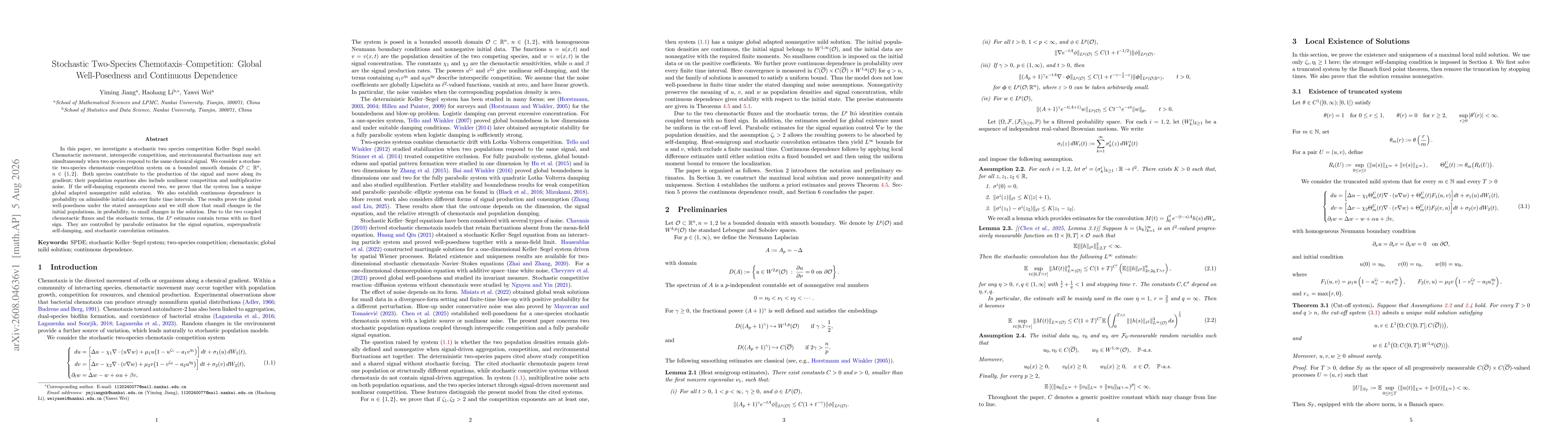 Thumbnail for Stochastic Two-Species Chemotaxis Competition: Global Well Posedness and Continuous Dependence