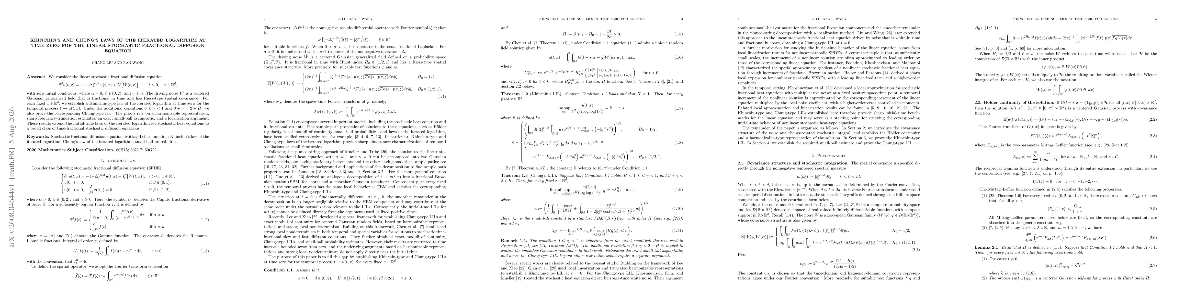 Thumbnail for Khinchin's and Chung's Laws of the Iterated Logarithm at Time Zero for the Linear Stochastic Fractional Diffusion Equation