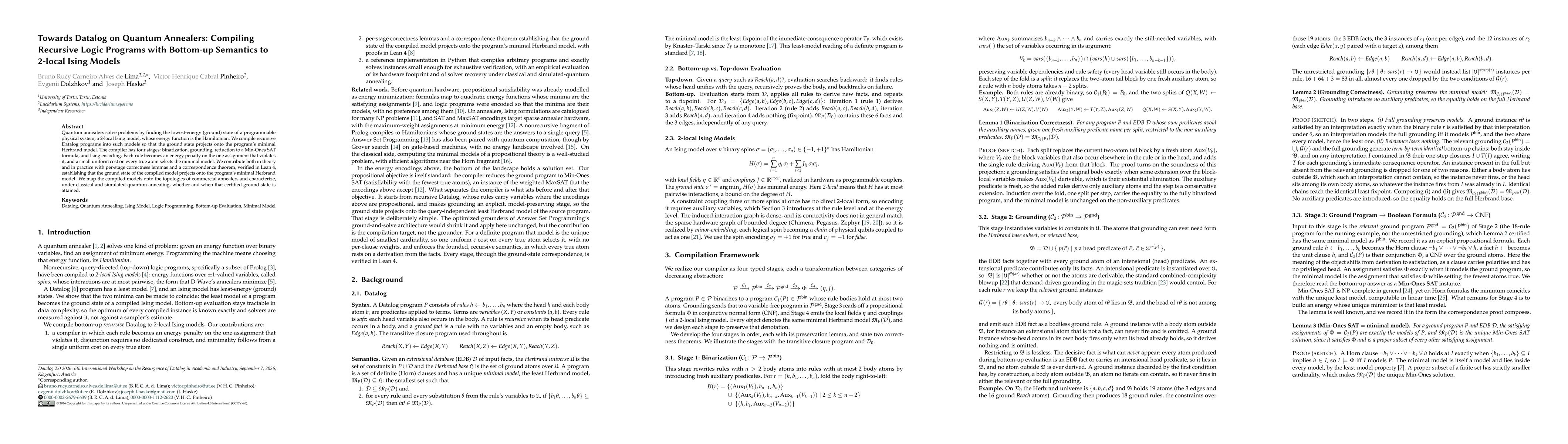 Thumbnail for Towards Datalog on Quantum Annealers: Compiling Recursive Logic Programs with Bottom-up Semantics to 2-local Ising Models