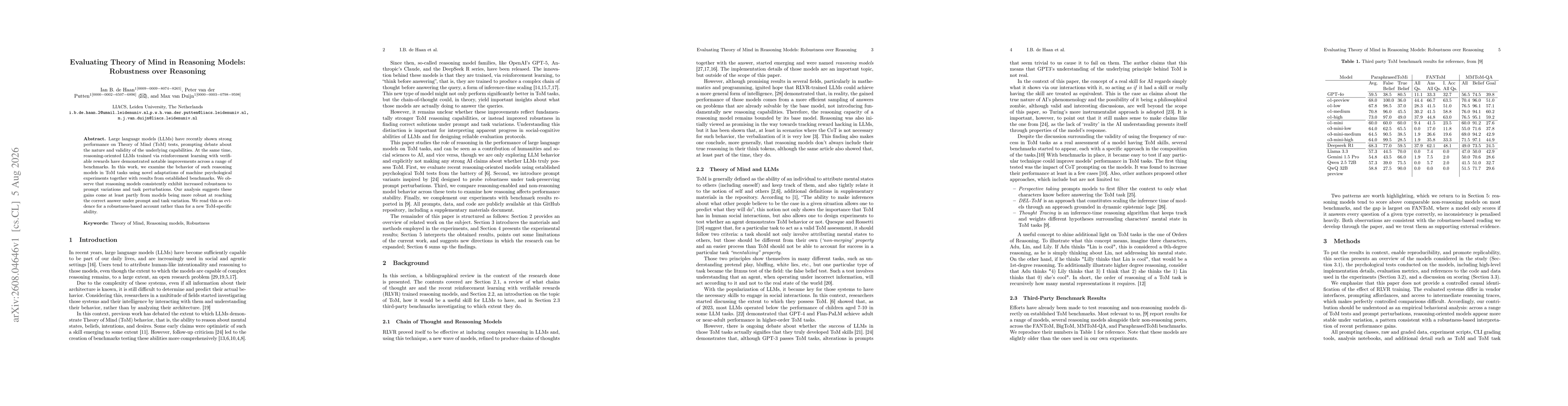 Thumbnail for Evaluating Theory of Mind in Reasoning Models: Robustness over Reasoning