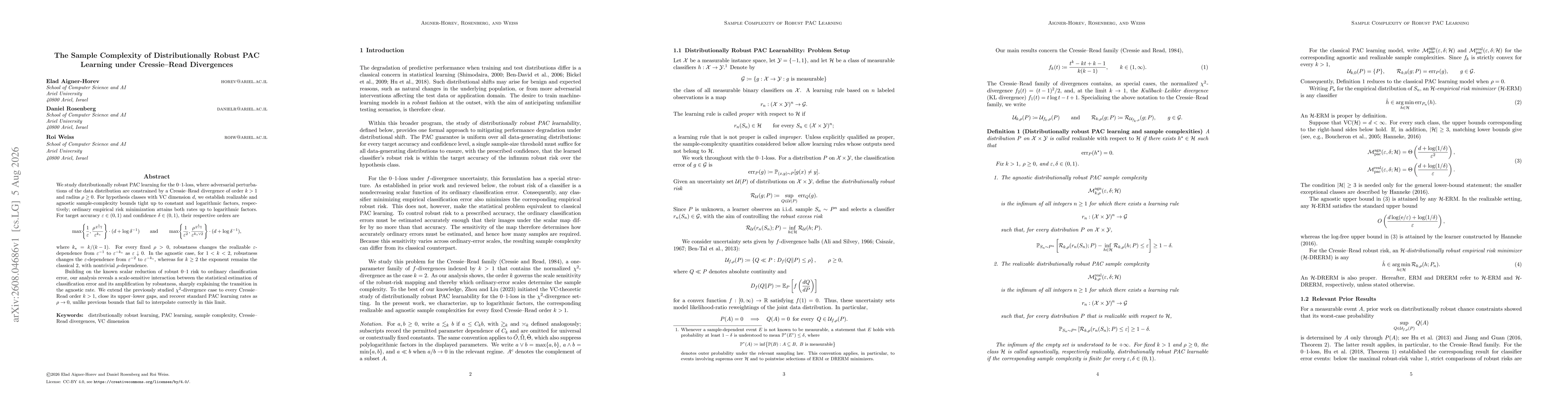 Thumbnail for The Sample Complexity of Distributionally Robust PAC Learning under Cressie--Read Divergences