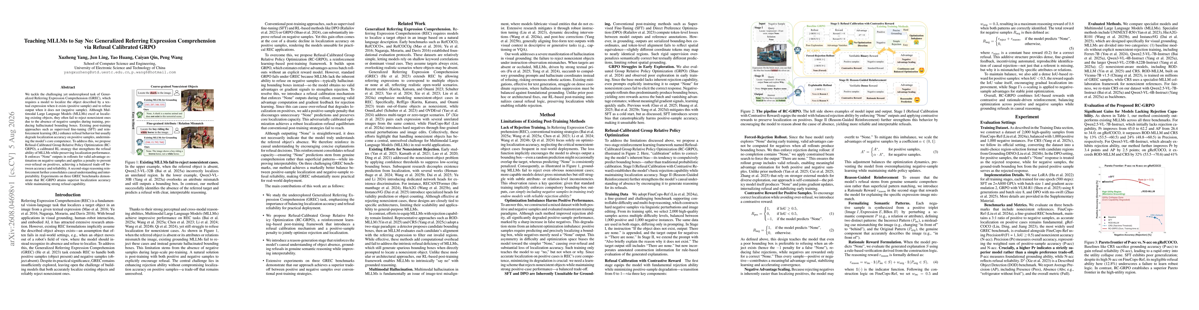 Thumbnail for Teaching MLLMs to Say No: Generalized Referring Expression Comprehension via Refusal Calibrated GRPO