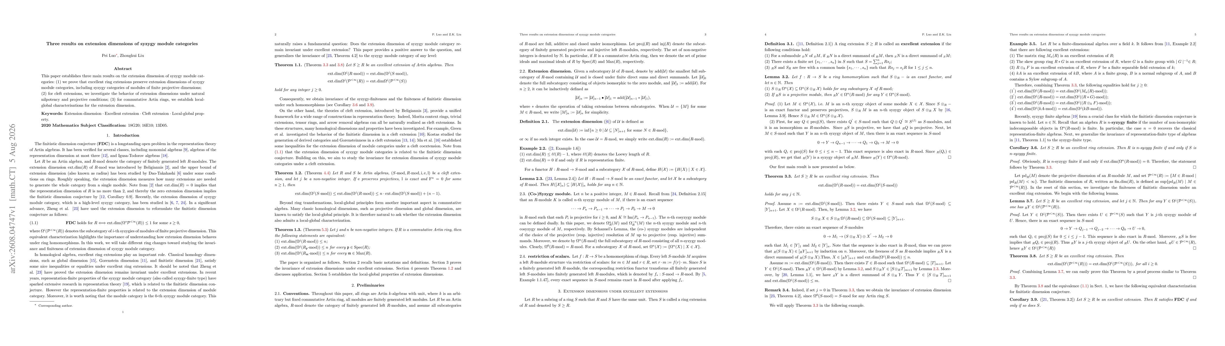 Thumbnail for Three results on extension dimensions of syzygy module categories
