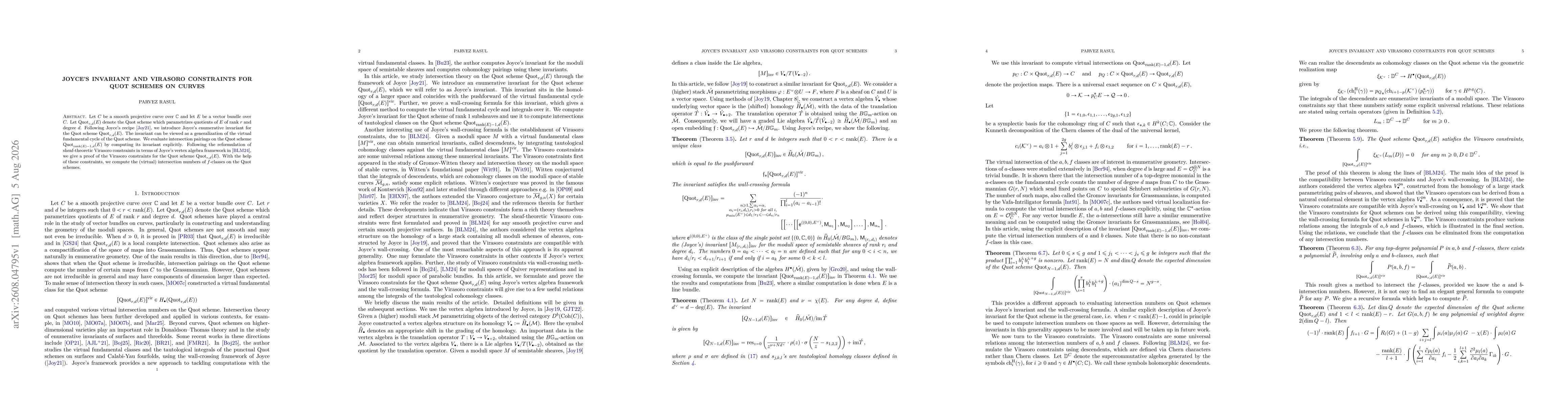 Thumbnail for Joyce's invariant and Virasoro Constraints for Quot schemes on curves