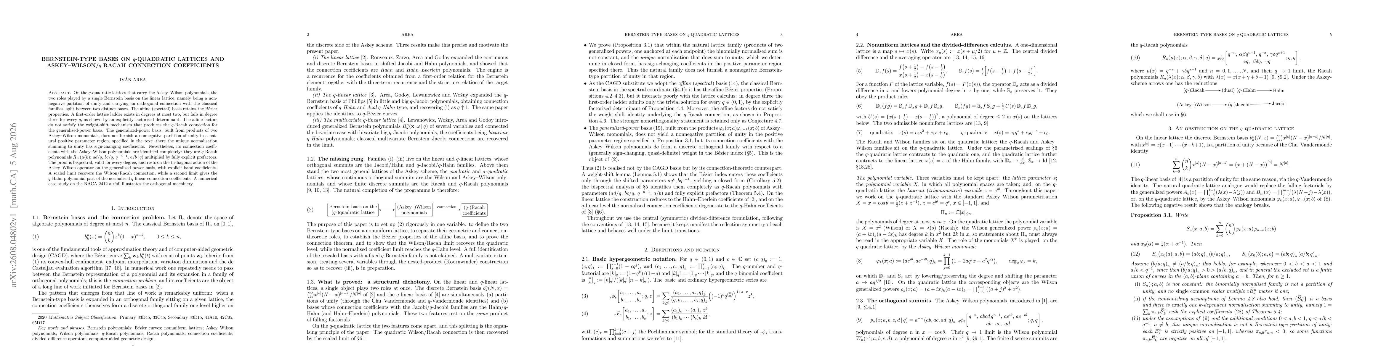 Thumbnail for Bernstein-type bases on $q$-quadratic lattices and Askey--Wilson\slash $q$-Racah connection coefficients