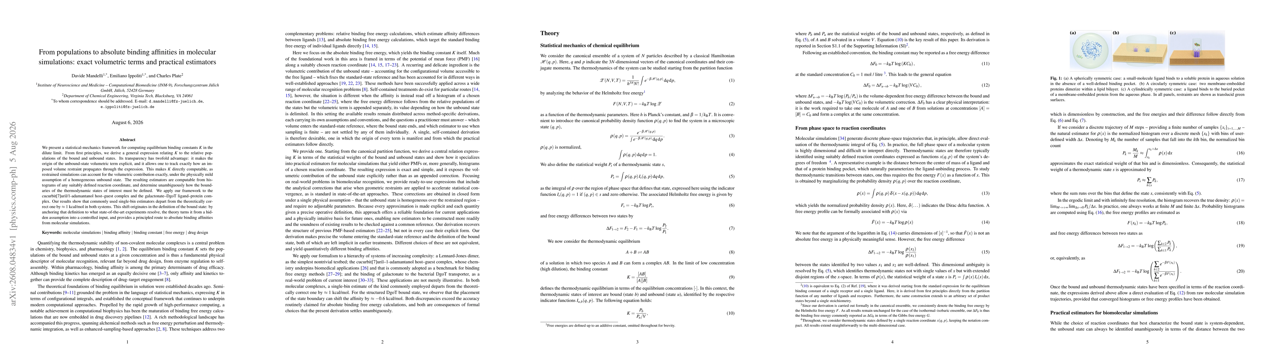Thumbnail for From populations to absolute binding affinities in molecular simulations: exact volumetric terms and practical estimators