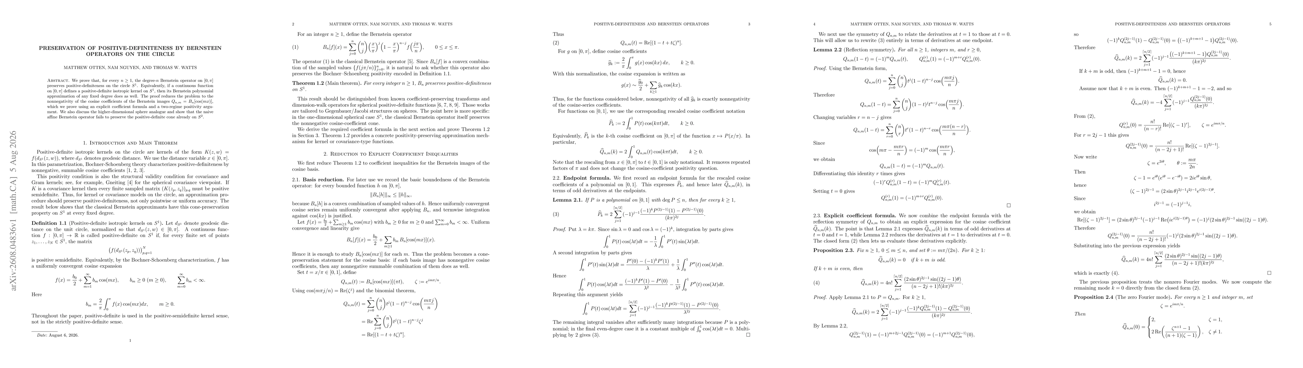 Thumbnail for Preservation of Positive-Definiteness by Bernstein Operators on the Circle
