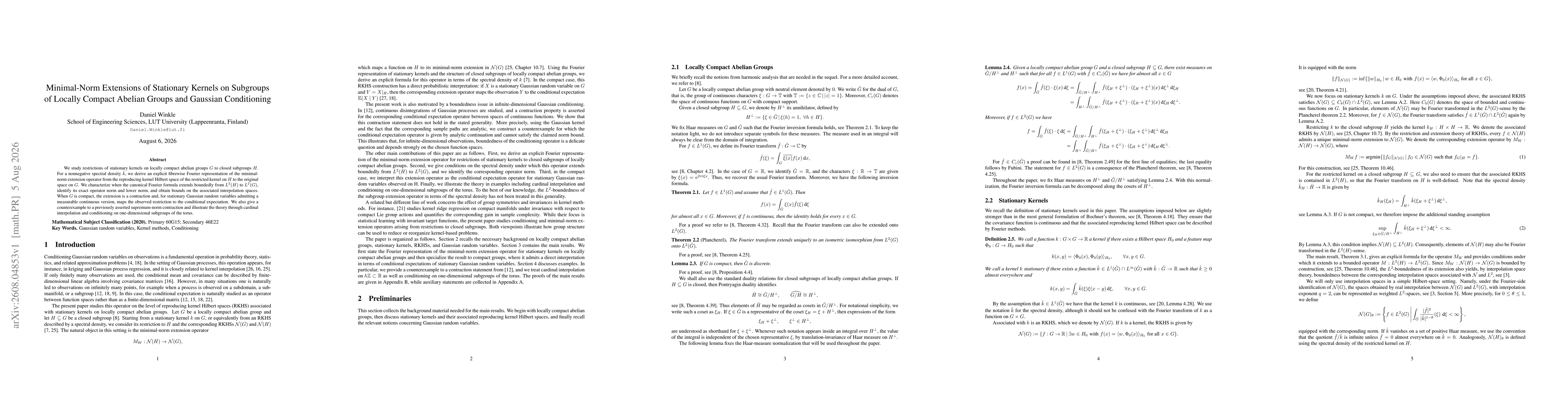 Thumbnail for Minimal-Norm Extensions of Stationary Kernels on Subgroups of Locally Compact Abelian Groups and Gaussian Conditioning
