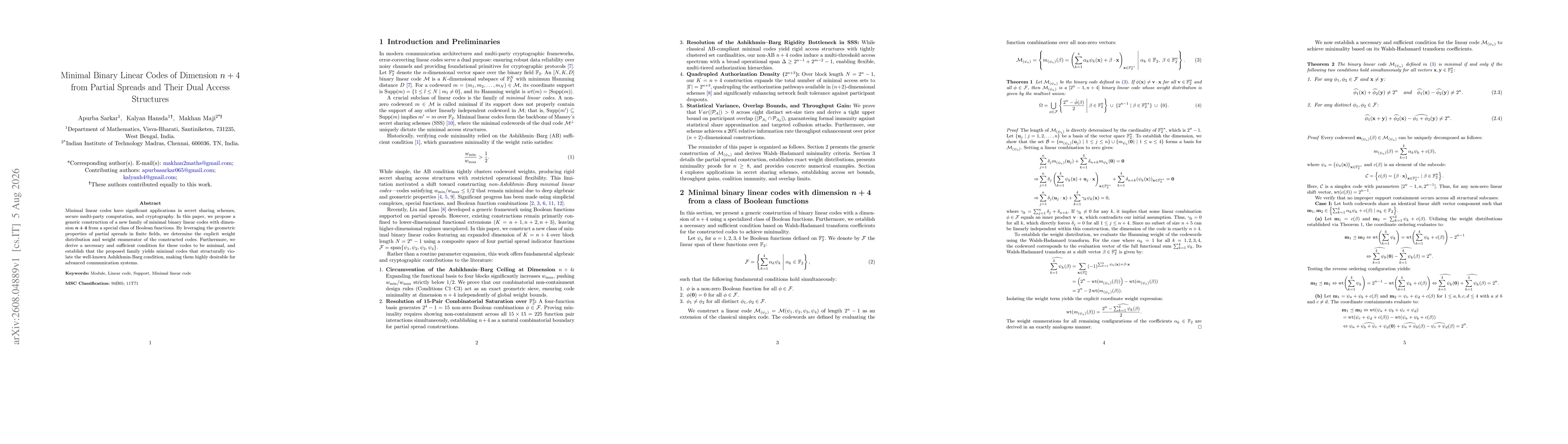 Thumbnail for Minimal Binary Linear Codes of Dimension n+4 from Partial Spreads and Their Dual Access Structures