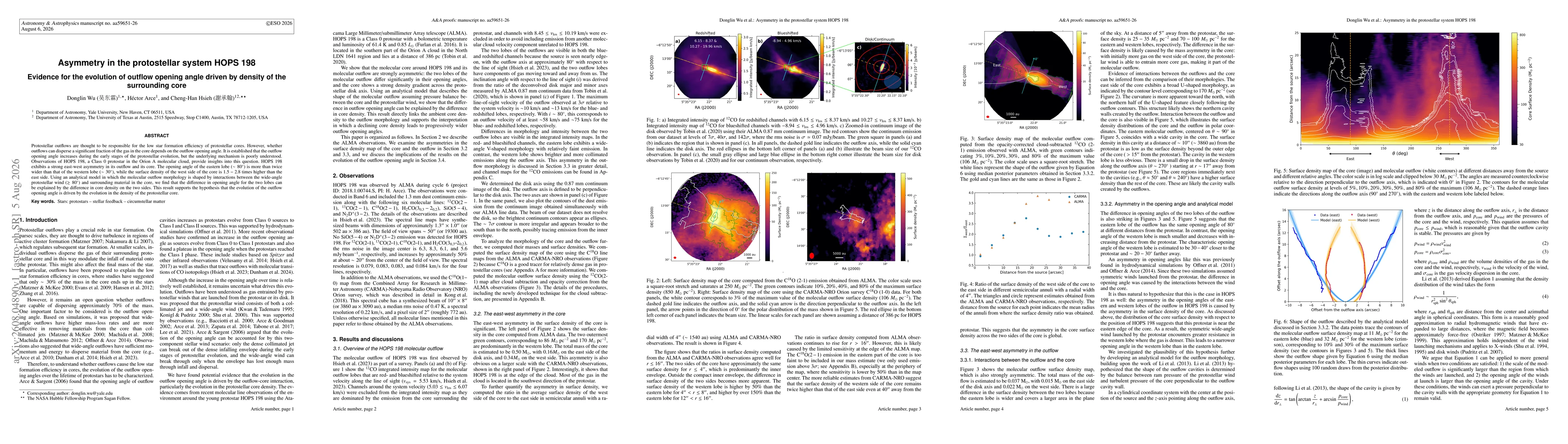 Thumbnail for Asymmetry in the protostellar system HOPS 198: Evidence for the evolution of outflow opening angle driven by density of the surrounding core