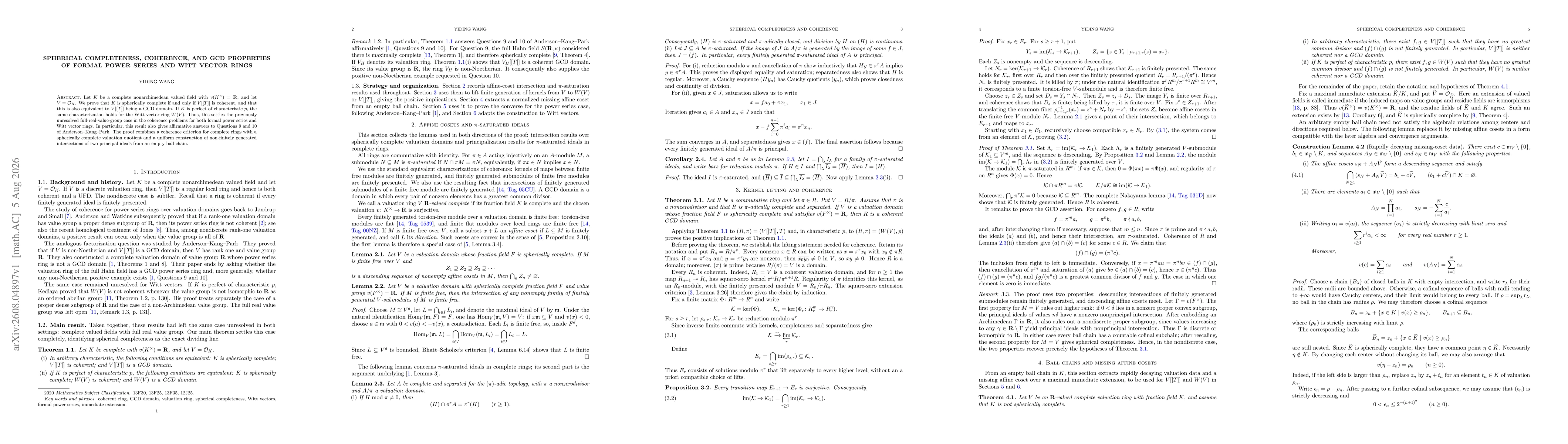 Thumbnail for Spherical Completeness, Coherence, and GCD Properties of Formal Power Series and Witt Vector Rings