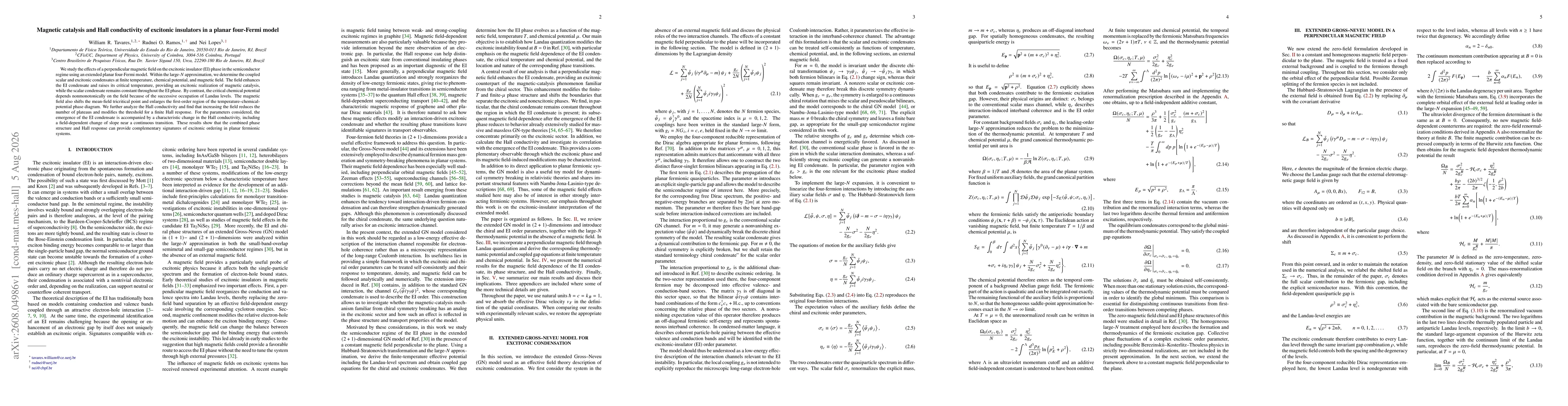 Thumbnail for Magnetic catalysis and Hall conductivity of excitonic insulators in a planar four-Fermi model