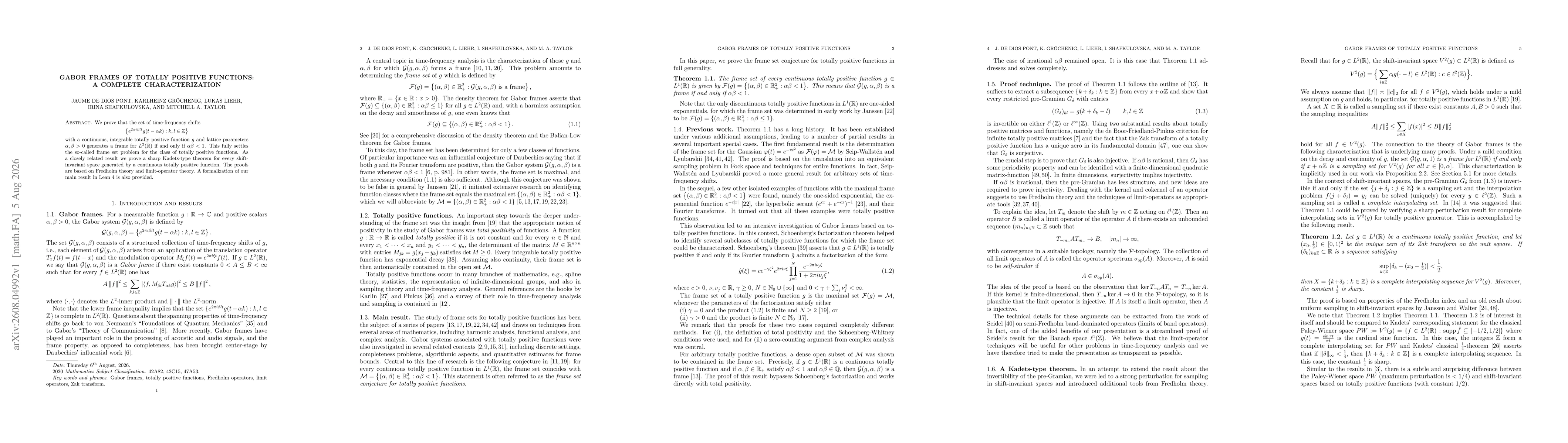 Thumbnail for Gabor Frames of Totally Positive Functions: A Complete Characterization