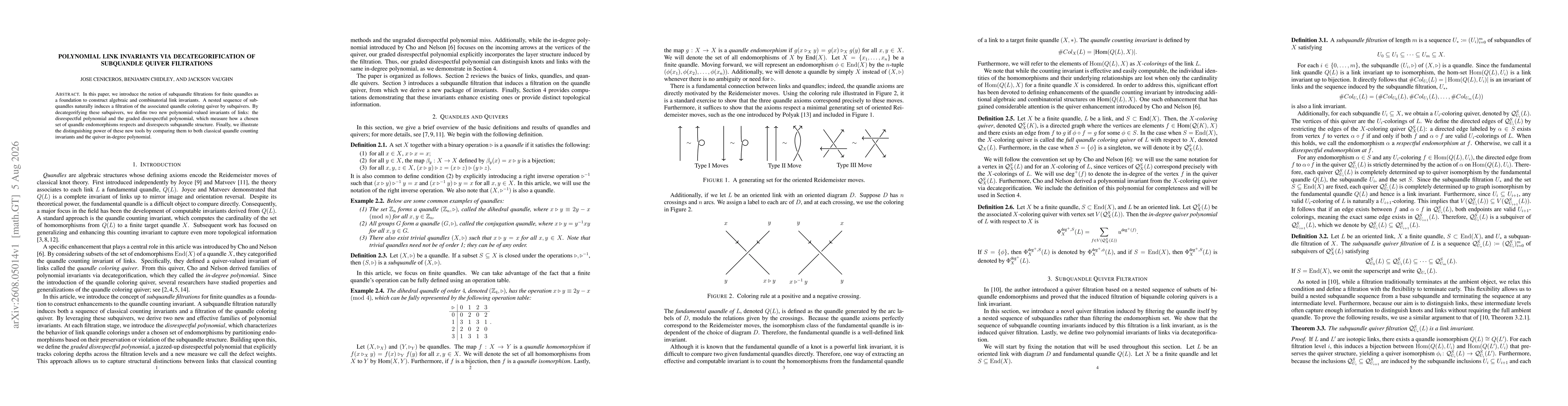 Thumbnail for Polynomial Link Invariants via Decategorification of Subquandle Quiver Filtrations