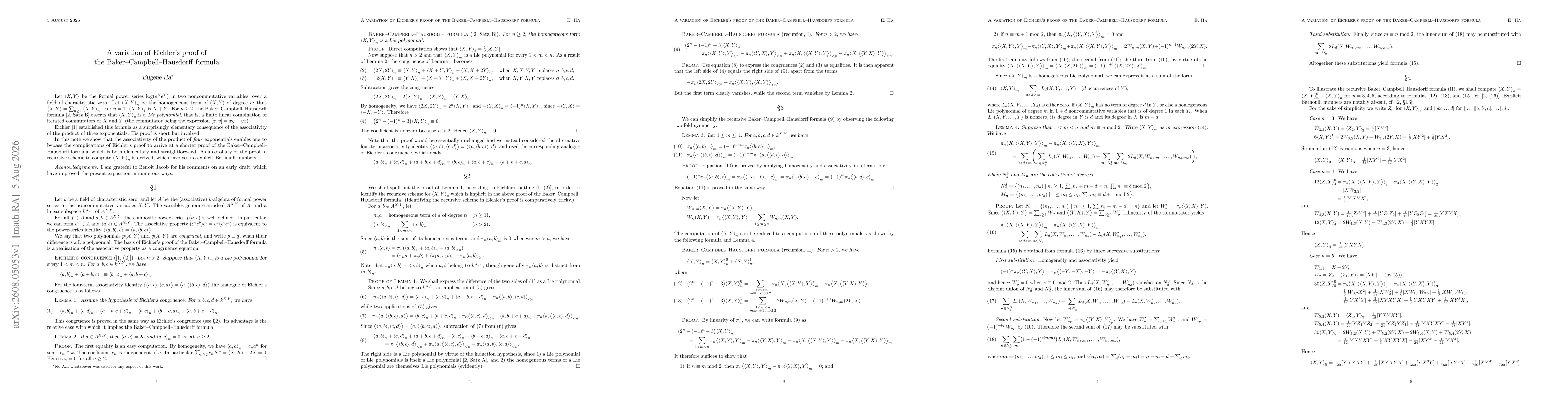 Thumbnail for A variation of Eichler's proof of the Baker-Campbell-Hausdorff formula