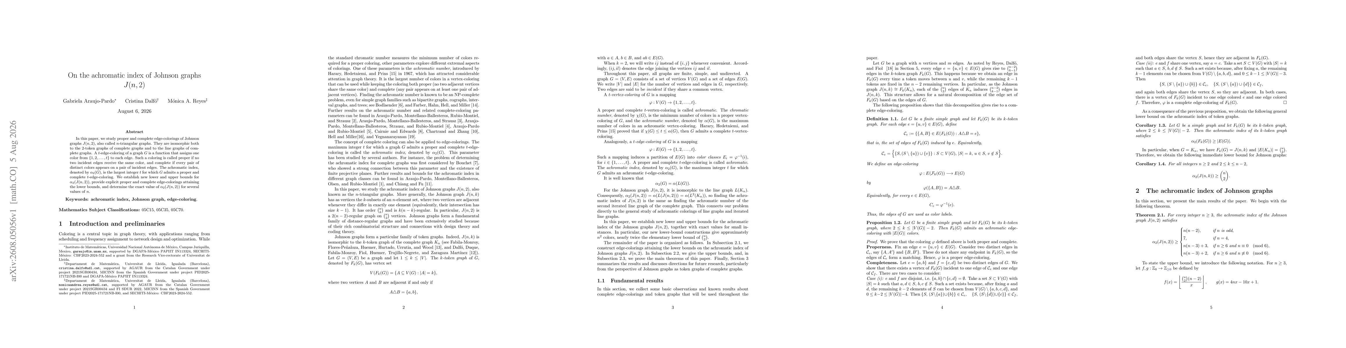 Thumbnail for On the achromatic index of Johnson graphs $J(n,2)$