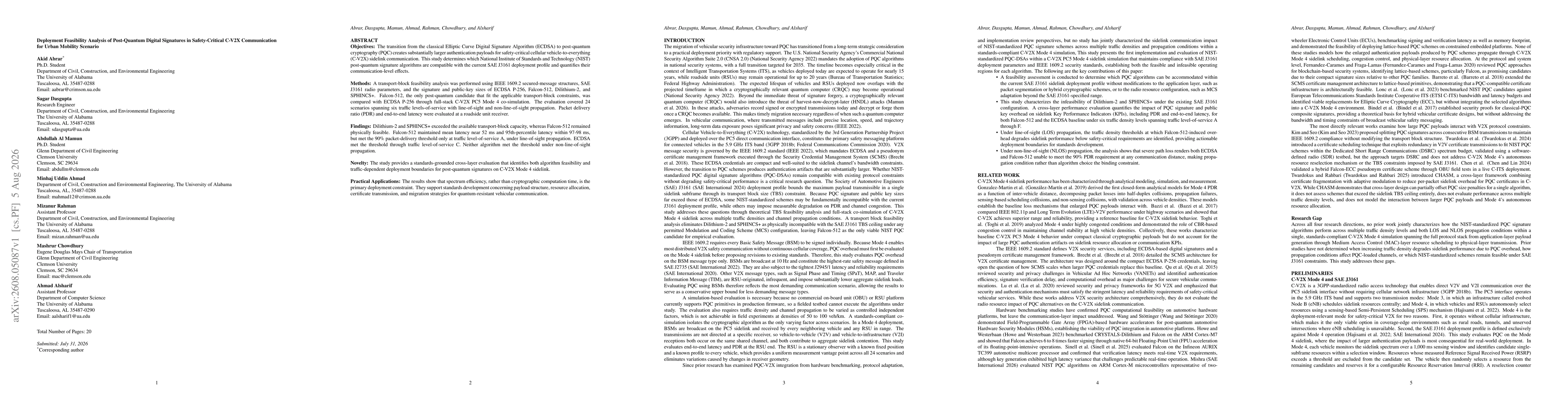 Thumbnail for Deployment Feasibility Analysis of Post-Quantum Digital Signatures in Safety-Critical C-V2X Communication for Urban Mobility Scenario