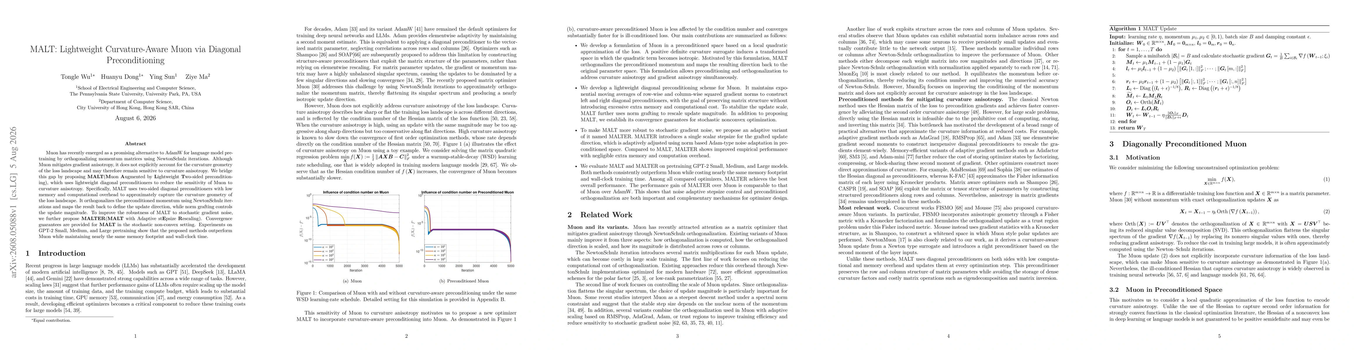 Thumbnail for MALT: Lightweight Curvature-Aware Muon via Diagonal Preconditioning