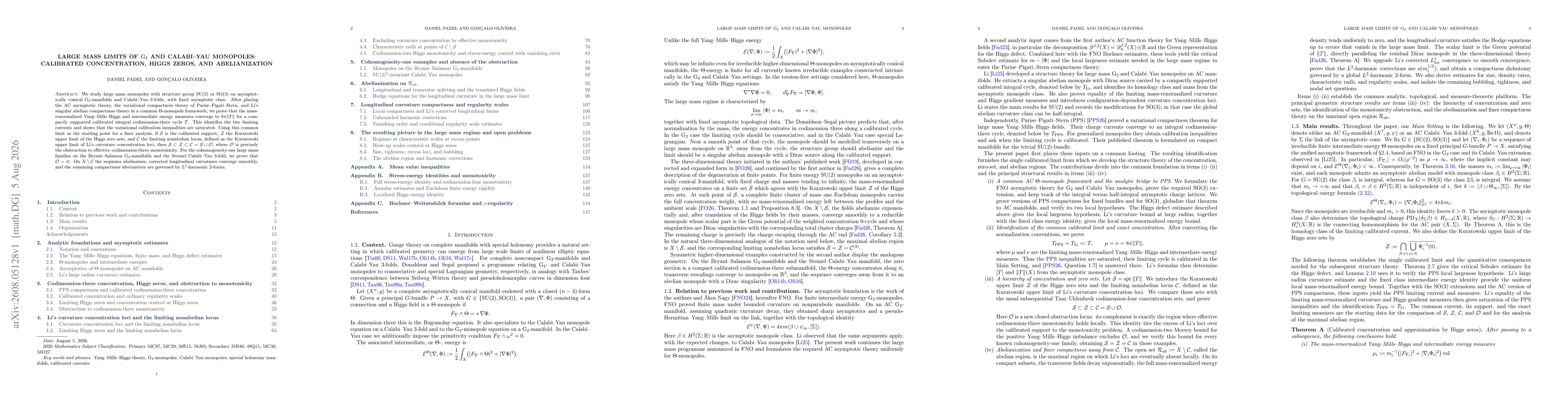 Thumbnail for Large mass limits of $\mathrm{G}_2$ and Calabi--Yau monopoles: calibrated concentration, Higgs zeros, and abelianization