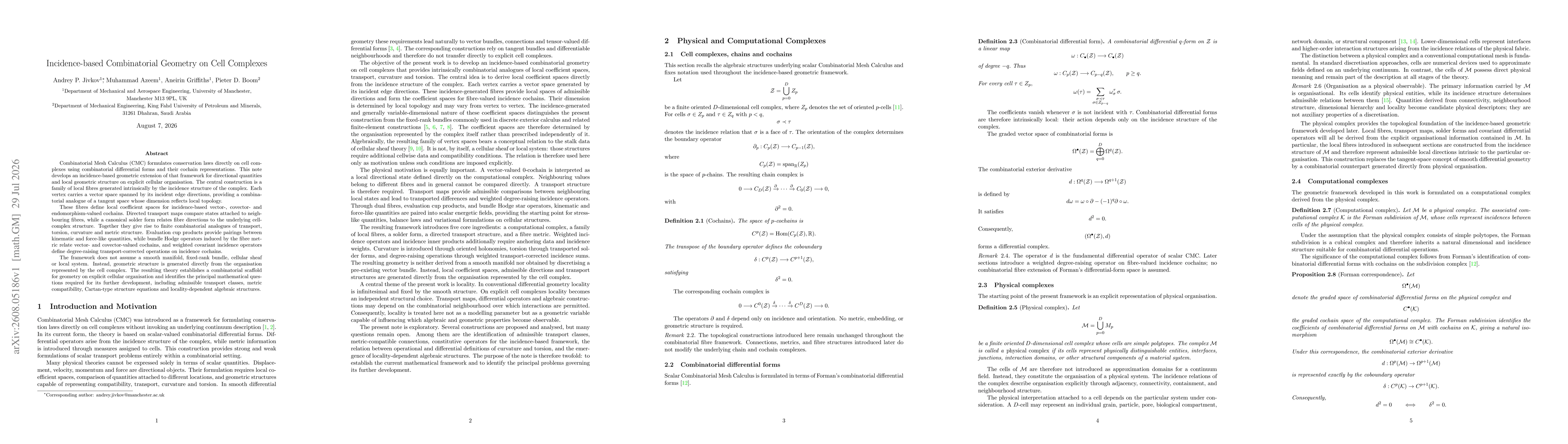 Thumbnail for Incidence-based Combinatorial Geometry on Cell Complexes