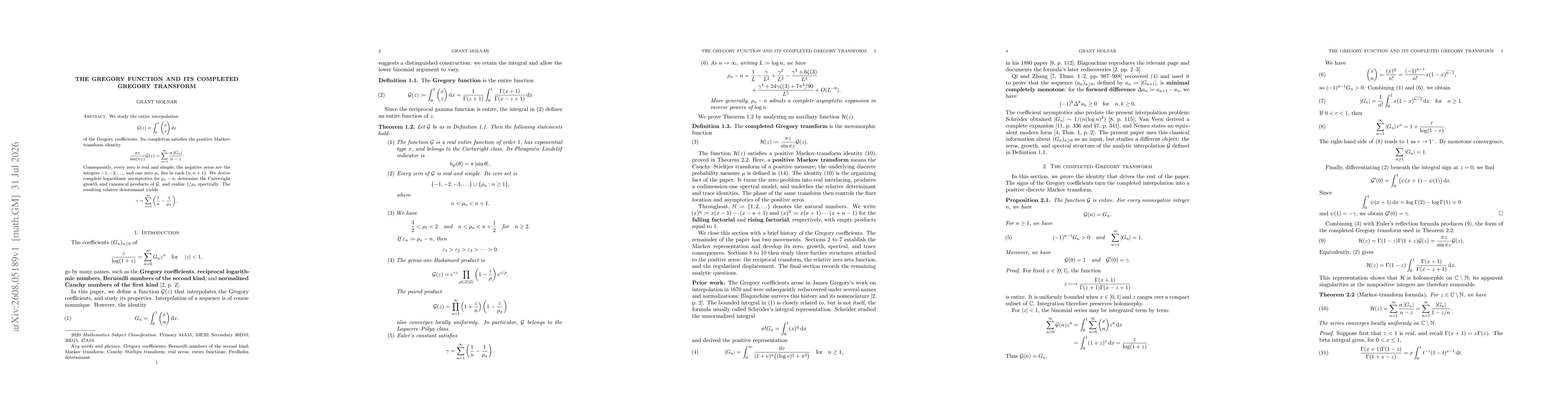 Thumbnail for The Gregory function and its completed Gregory transform