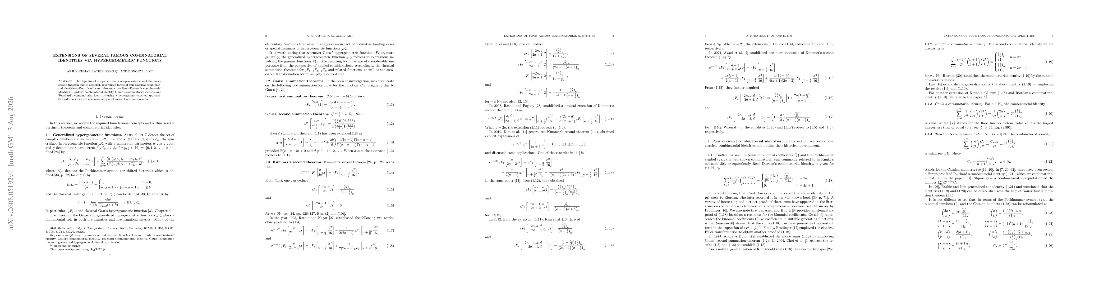 Thumbnail for Extensions of several famous combinatorial identities via hypergeometric functions