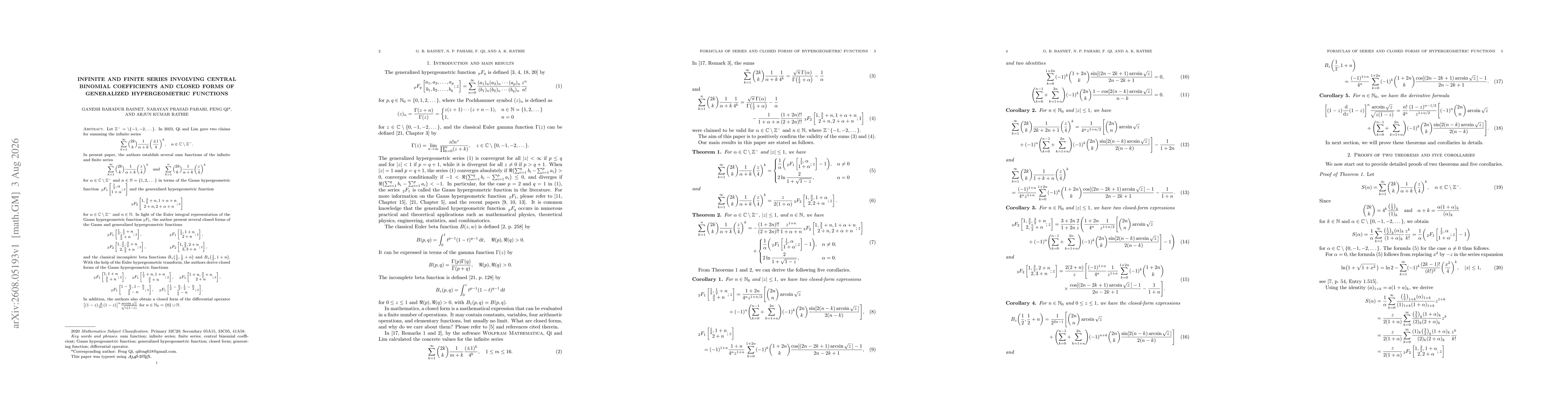 Thumbnail for Infinite and finite series involving central binomial coefficients and closed forms of generalized hypergeometric functions
