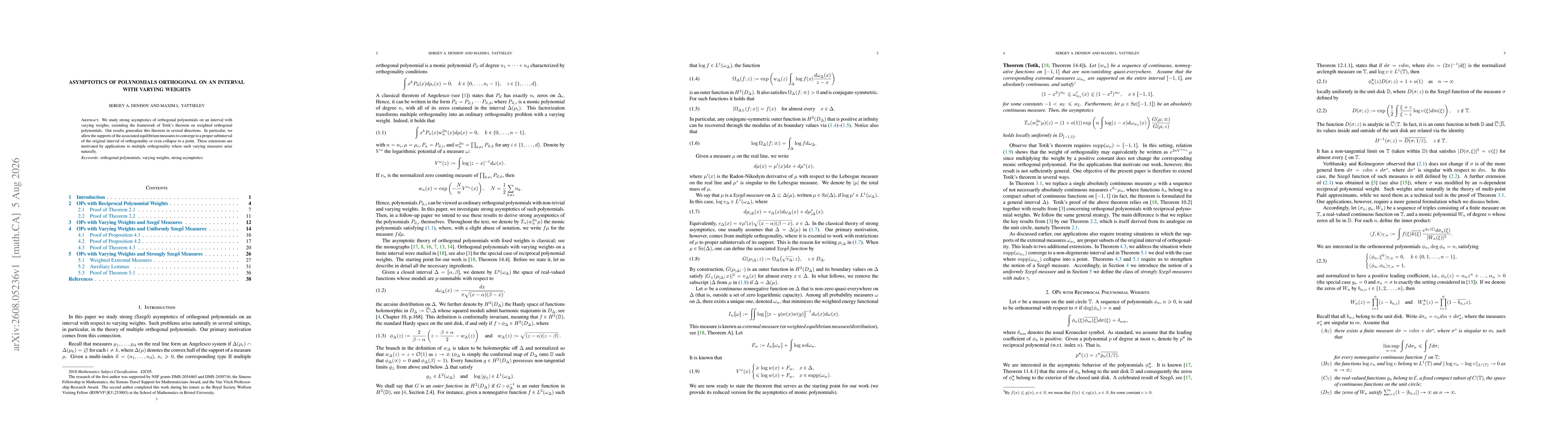 Thumbnail for Asymptotics of Polynomials Orthogonal on an Interval with Varying Weights