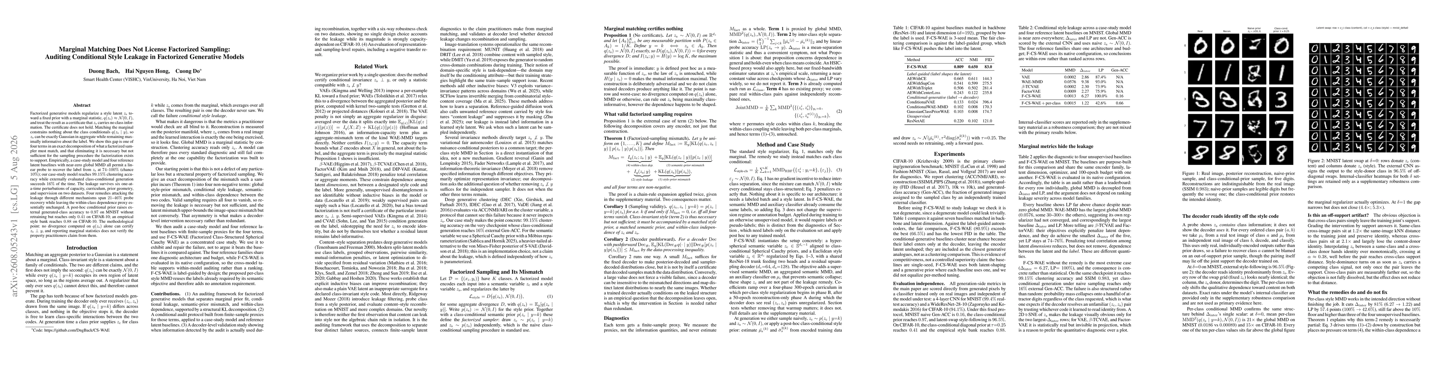Thumbnail for Marginal Matching Does Not License Factorized Sampling: Auditing Conditional Style Leakage in Factorized Generative Models