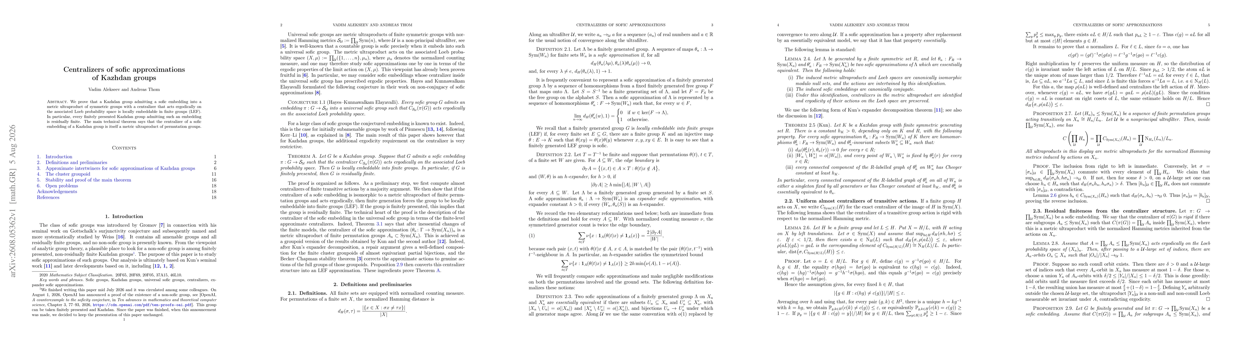Thumbnail for Centralizers of sofic approximations of Kazhdan groups