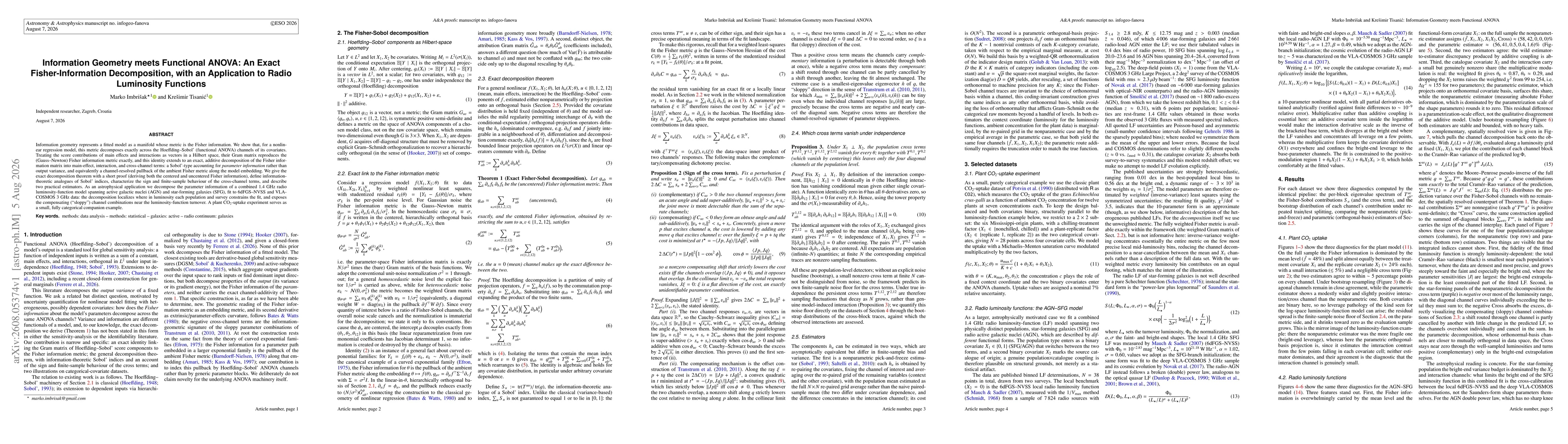 Thumbnail for Information Geometry meets Functional ANOVA: An Exact Fisher-Information Decomposition, with an Application to Radio Luminosity Functions