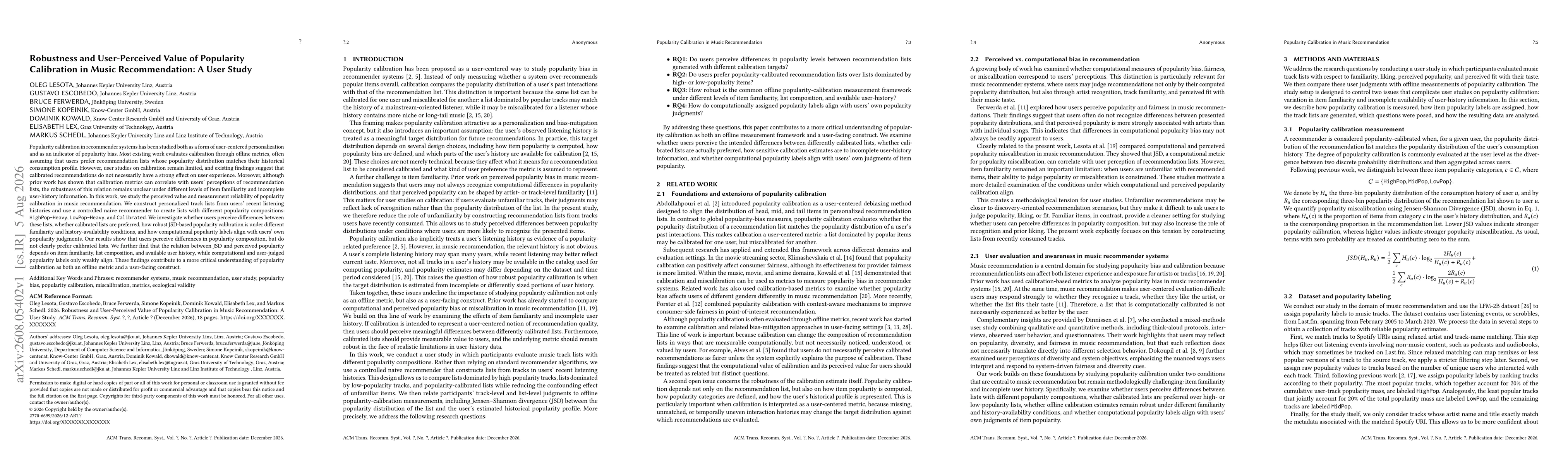 Thumbnail for Robustness and User-Perceived Value of Popularity Calibration in Music Recommendation: A User Study